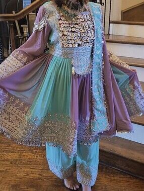 LatestEmbroidered Lavender/Aqua Afghan Dress